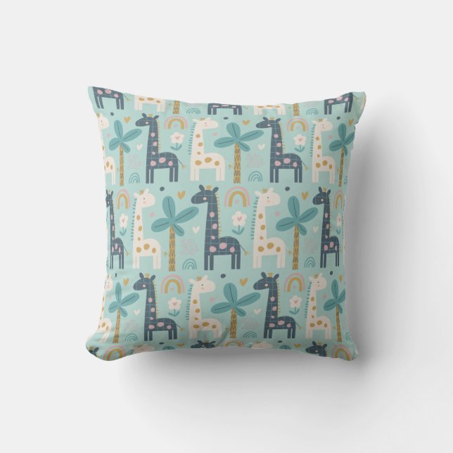 Cute Whimsical Giraffe Pattern in Pastel Blue Throw Pillow (Front)
