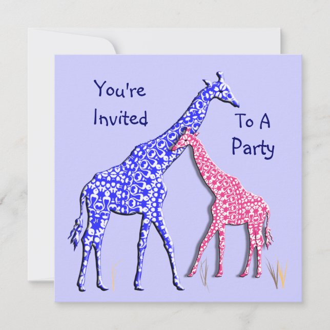 Cute Whimsical Giraffe Pink Blue Party Invitation (Front)