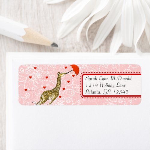 Cute Whimsical Giraffe Red Pink Dots  Hearts Label
