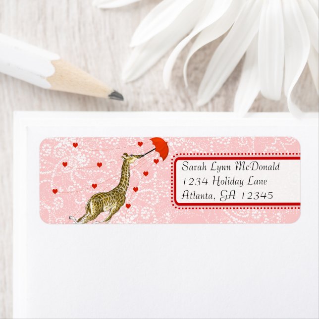 Cute Whimsical Giraffe Red Pink Dots & Hearts Label (Insitu)