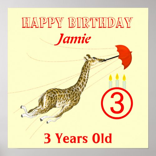 Cute Whimsical Giraffe Umbrella  Birthday Poster