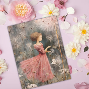 Cute Whimsical Girl in a field of dandelions Postcard