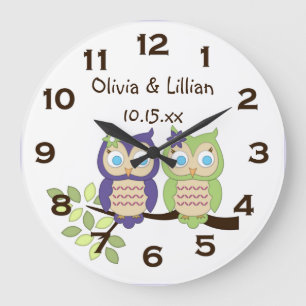Cute Whimsical Girl Owl Twins Wall Clock