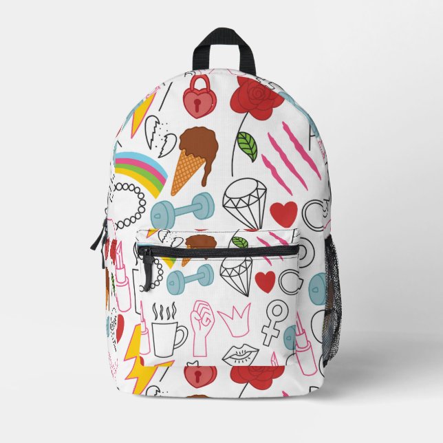 Cute Whimsical Girl Power Doodle Retro Printed Backpack (Front)
