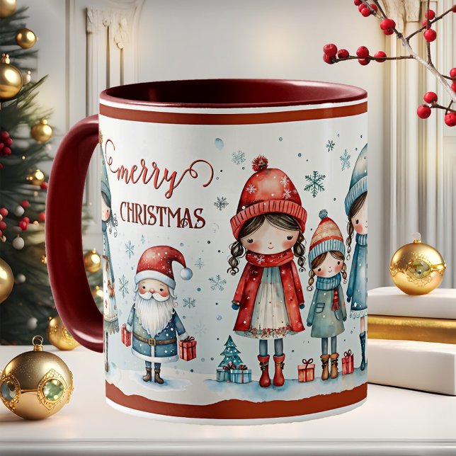 Cute Whimsical Girly Christmas Coffee Mug (Christmas mug featuring a whimsical illustration of cute girls and Santa with gifts)