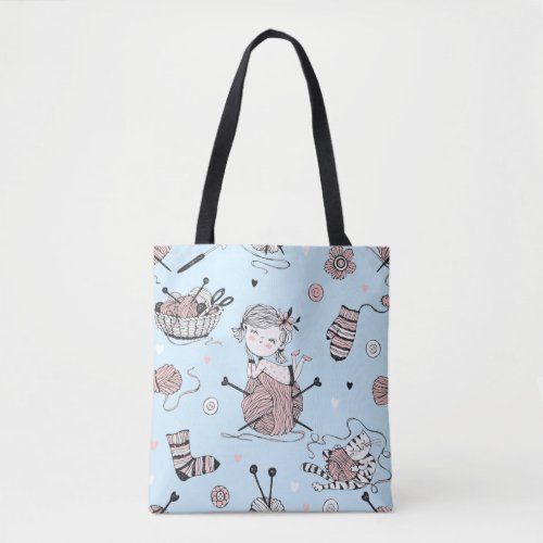 Cute Whimsical Girly Funny Knitting Wool Cat Tote Bag