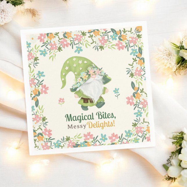 Cute Whimsical Gnome First Birthday Floral  Napkins (Cute Whimsical Gnome First Birthday Floral Napkins)