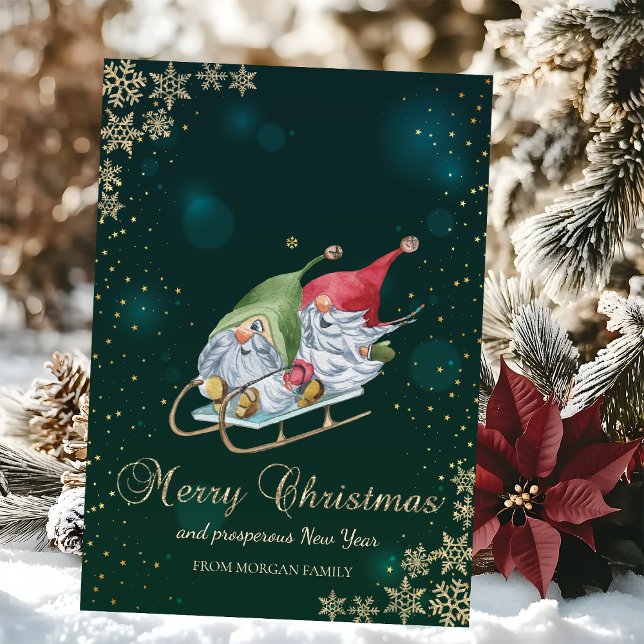 Cute Whimsical Gnomes Sleigh Snowflakes Holiday Card (Creator Uploaded)