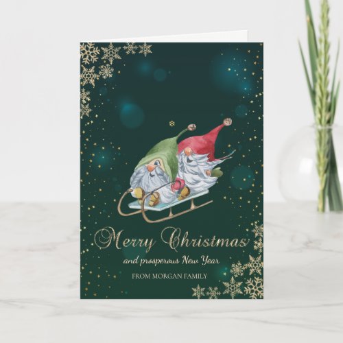 Cute Whimsical Gnomes Sleigh Snowflakes Holiday Card