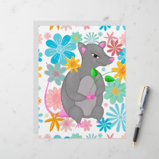 Cute whimsical gray rat pastel flowers