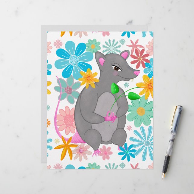 Cute whimsical gray rat pastel flowers (Front/Back In Situ)