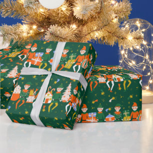 Cute Whimsical Green Christmas Santa Elves Pattern Wrapping Paper