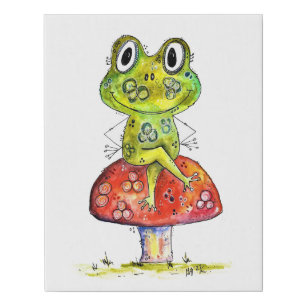 Cute Whimsical Green Frog on Toadstool Faux Canvas Print