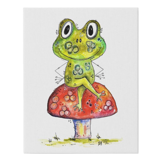 Cute Whimsical Green Frog on Toadstool Faux Canvas Print (Front)
