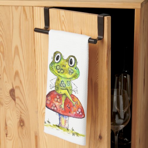 Cute Whimsical Green Frog on Toadstool Kitchen Towel