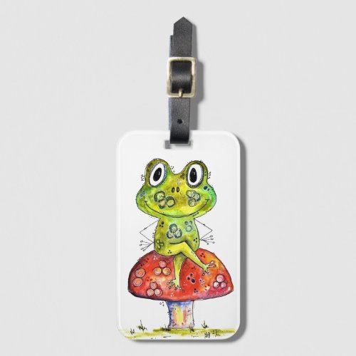 Cute Whimsical Green Frog on Toadstool Luggage Tag
