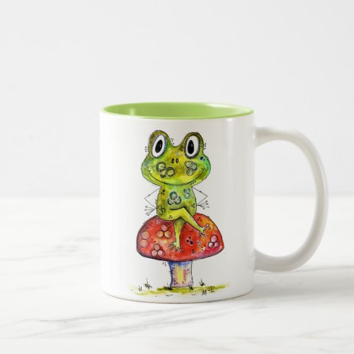 Cute Whimsical Green Frog on Toadstool Two_Tone Coffee Mug