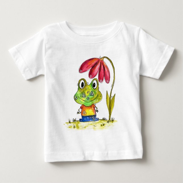 Cute Whimsical Green Frog Under a Red Flower Baby T-Shirt (Front)