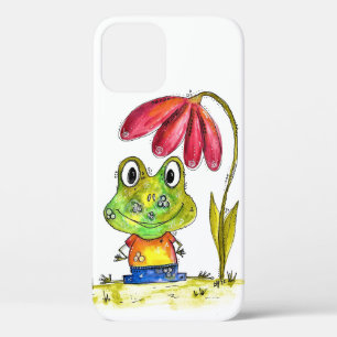 Cute Whimsical Green Frog Under a Red Flower iPhone 12 Case