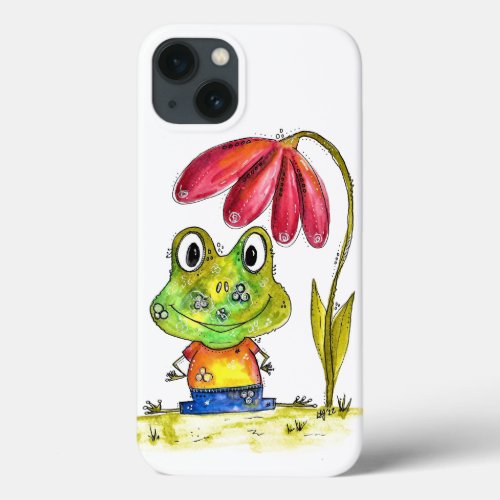 Cute Whimsical Green Frog Under a Red Flower iPhone 13 Case