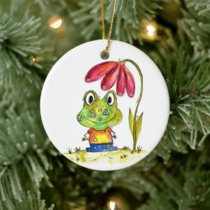 Cute Whimsical Green Frog Under a Red Flower Ceramic Ornament