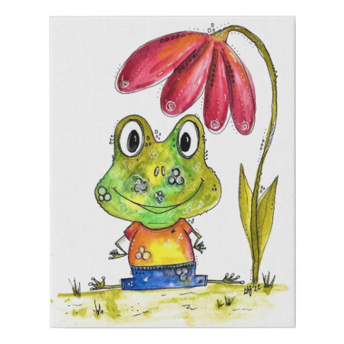 Cute Whimsical Green Frog Under a Red Flower Faux Canvas Print