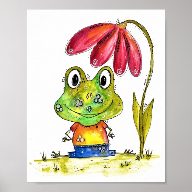 Cute Whimsical Green Frog Under a Red Flower Poster (Front)