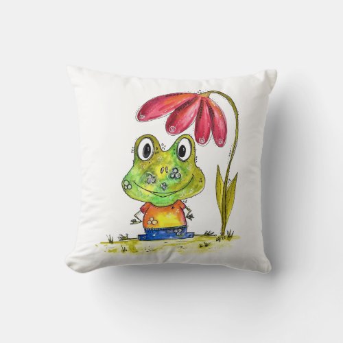 Cute Whimsical Green Frog Under a Red Flower Throw Pillow