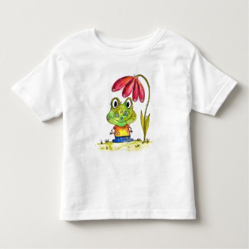 Cute Whimsical Green Frog Under a Red Flower Toddler T_shirt