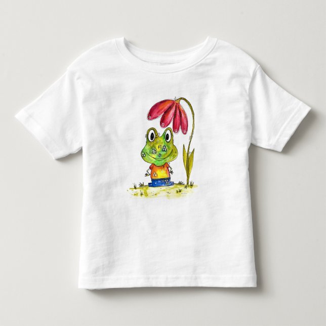 Cute Whimsical Green Frog Under a Red Flower Toddler T-shirt (Front)