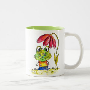 Cute Whimsical Green Frog Under a Red Flower Two-Tone Coffee Mug