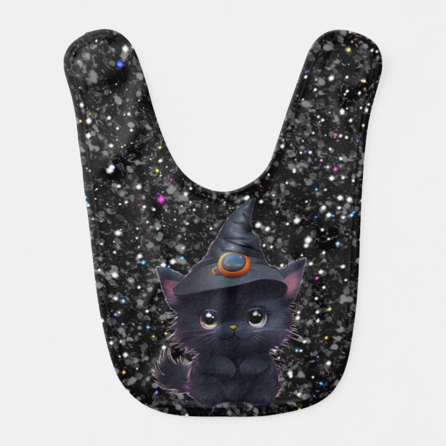 Cute whimsical Halloween black cat Baby Bib (Front)