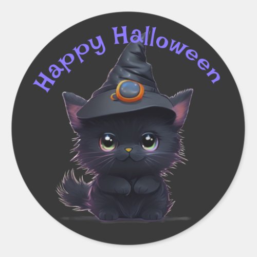 Cute whimsical Halloween black cat Classic Round Sticker