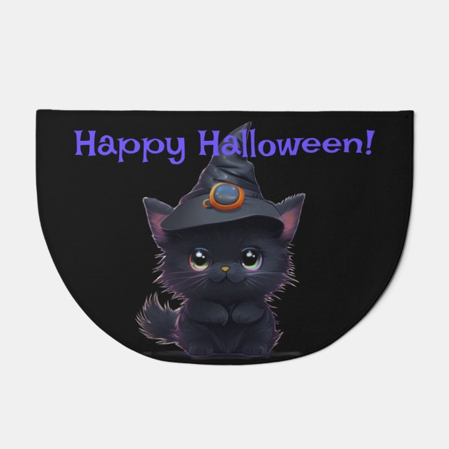 Cute whimsical Halloween black cat Doormat (Front)