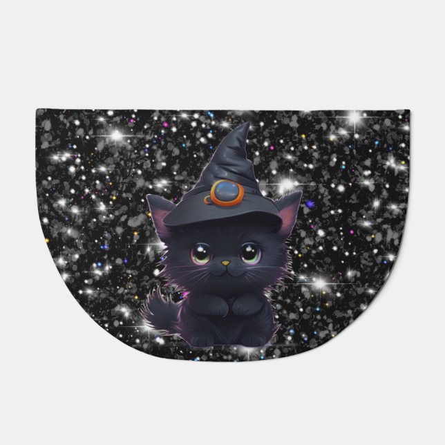 Cute whimsical Halloween black cat Doormat (Front)