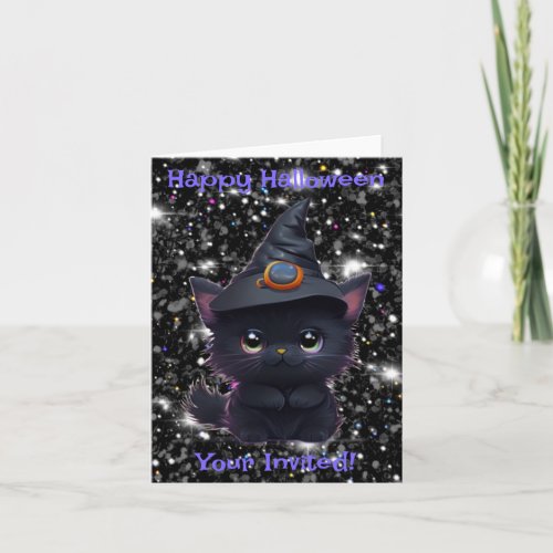 Cute whimsical Halloween black cat Invitation