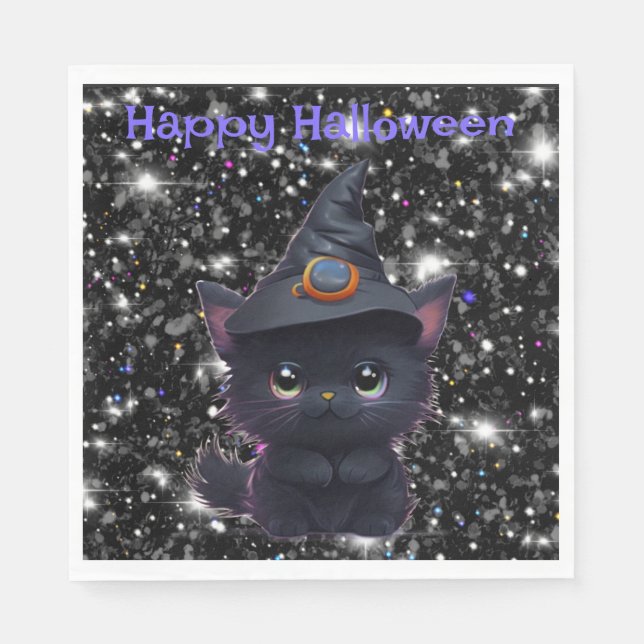 Cute whimsical Halloween black cat Napkins (Front)