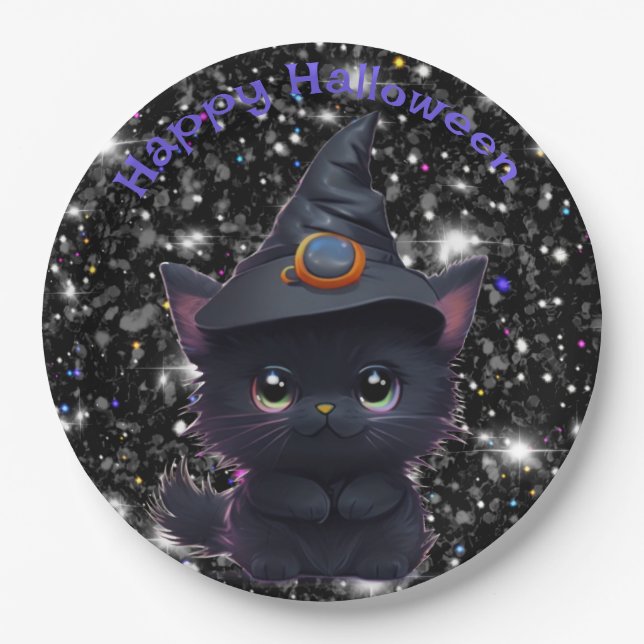 Cute whimsical Halloween black cat Paper Plates (Front)