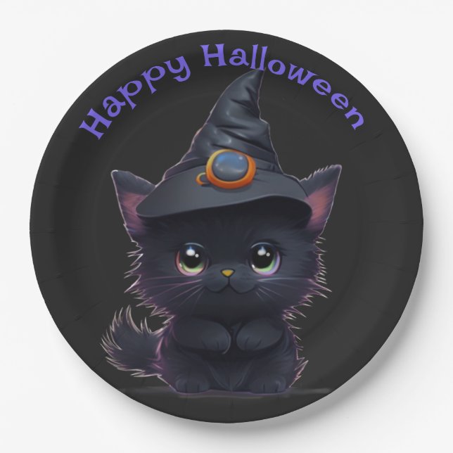 Cute whimsical Halloween black cat Paper Plates (Front)