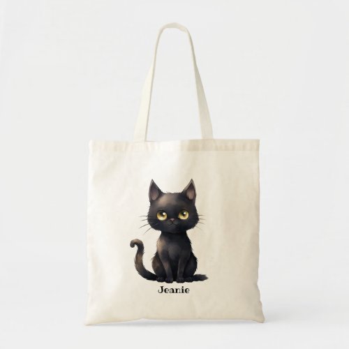 Cute Whimsical Halloween Black Cat Personalized Tote Bag