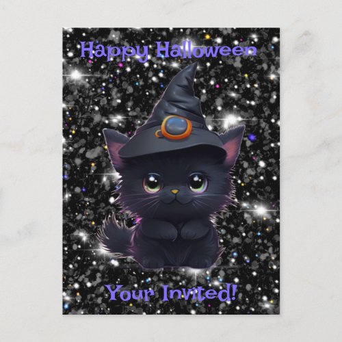 Cute whimsical Halloween black cat Postcard