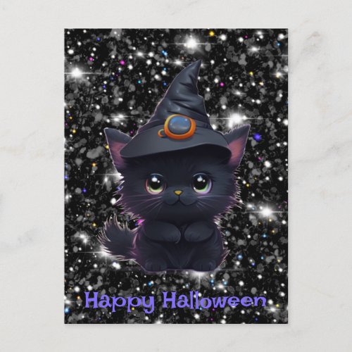 Cute whimsical Halloween black cat Postcard