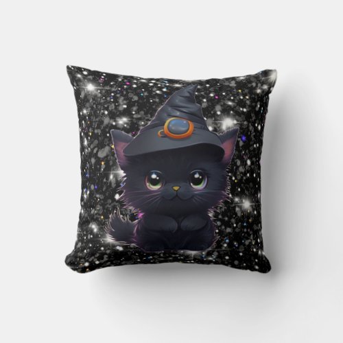 Cute whimsical Halloween black cat Throw Pillow