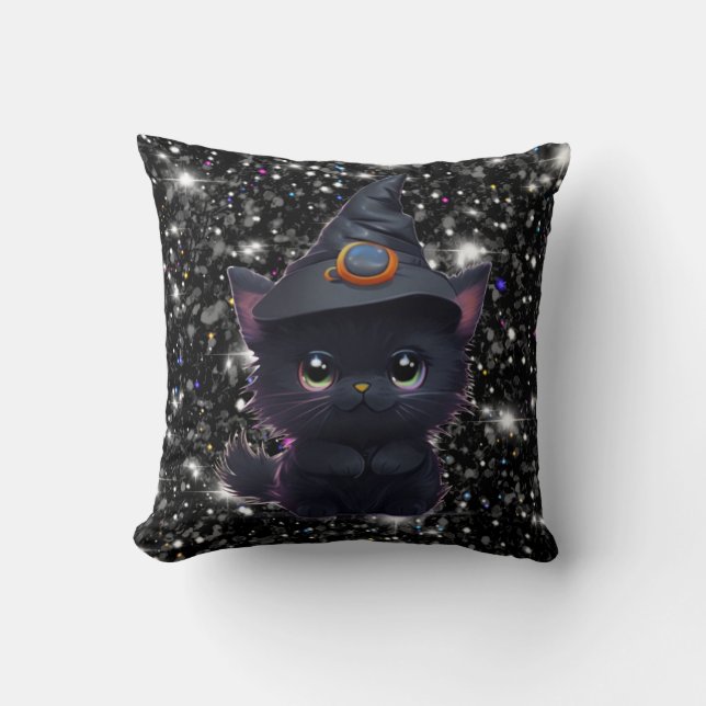 Cute whimsical Halloween black cat Throw Pillow (Front)