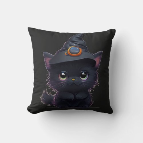 Cute whimsical Halloween black cat Throw Pillow