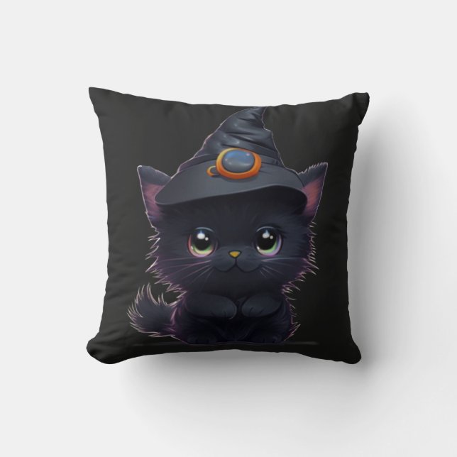 Cute whimsical Halloween black cat Throw Pillow (Front)