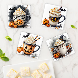 CUTE WHIMSICAL HALLOWEEN LATTE & WHIPPED CREAM COASTER SET
