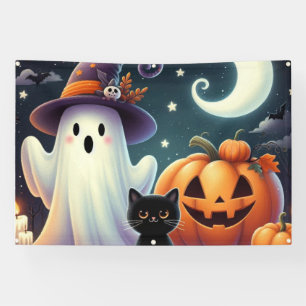 Cute, whimsical Halloween pumpkin, cat, & ghost Banner