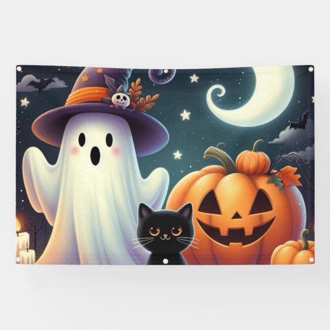 Cute, whimsical Halloween pumpkin, cat, & ghost Banner (Horizontal)