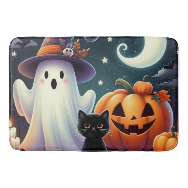 Cute, whimsical Halloween pumpkin, cat, & ghost Bath Mat (Front)